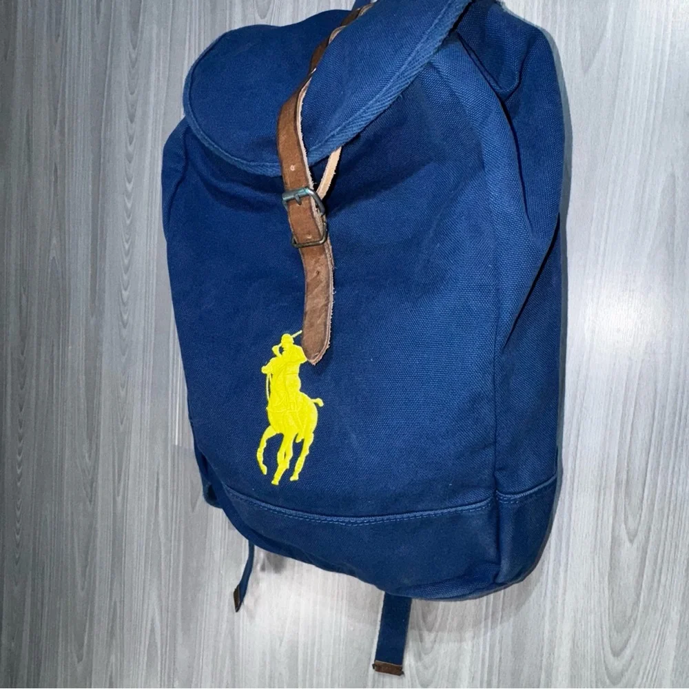 Vtg Polo Ralph Lauren Blue Backpack Embroidered‎ Yellow Pony Logo Canvas Leather